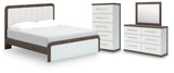 Kendanport White/Brown King Upholstered Bed, Dresser, Mirror and Chest (Online Special Price)