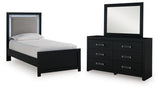 Maeling Black Twin Upholstered Panel Bed, Dresser and Mirror