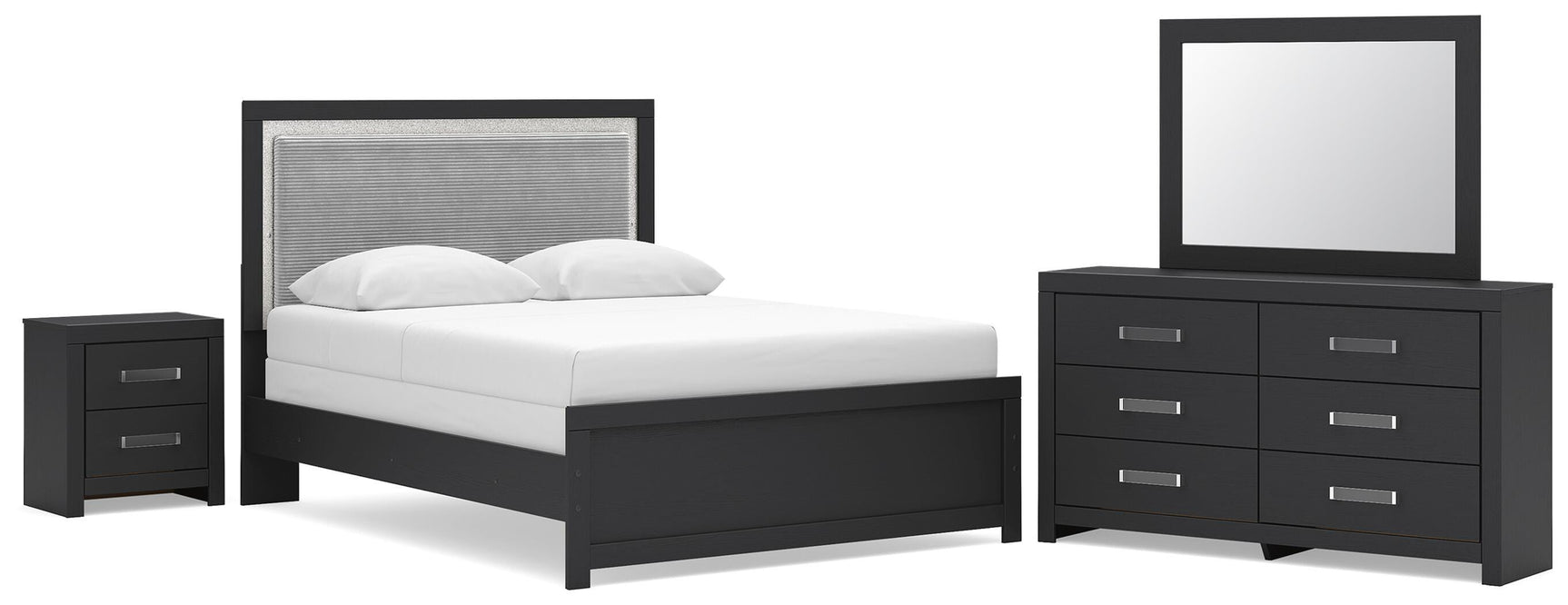 Maeling Black Queen Panel Bed, Dresser, Mirror and Nightstand (Online Special Price)