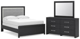 Maeling Black Full Upholstered Panel Bed, Dresser and Mirror