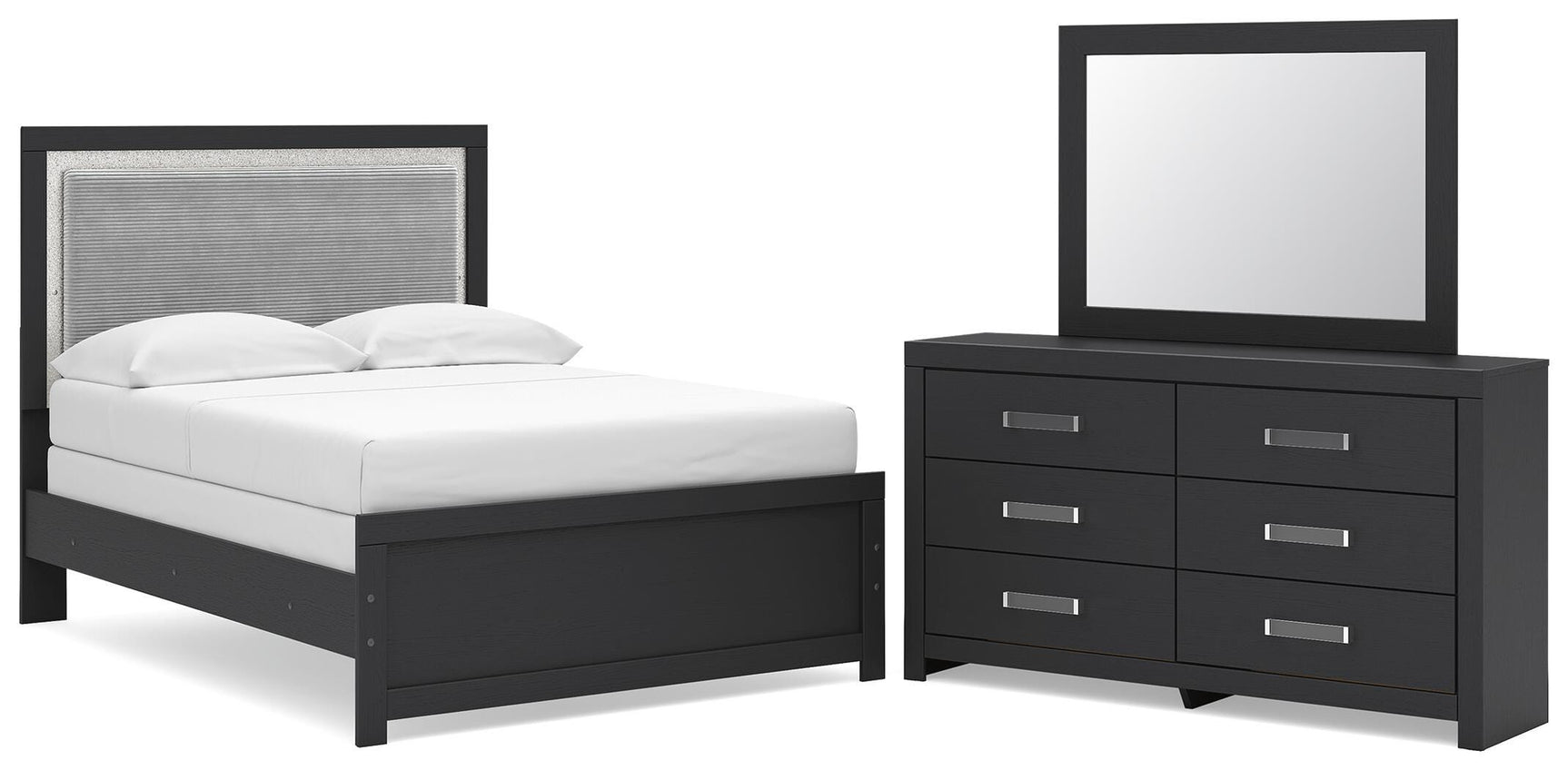 Maeling Black Full Upholstered Panel Bed, Dresser and Mirror