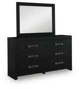 Maeling Black Full Upholstered Panel Bed, Dresser and Mirror