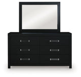 Maeling Black Full Upholstered Panel Bed, Dresser and Mirror
