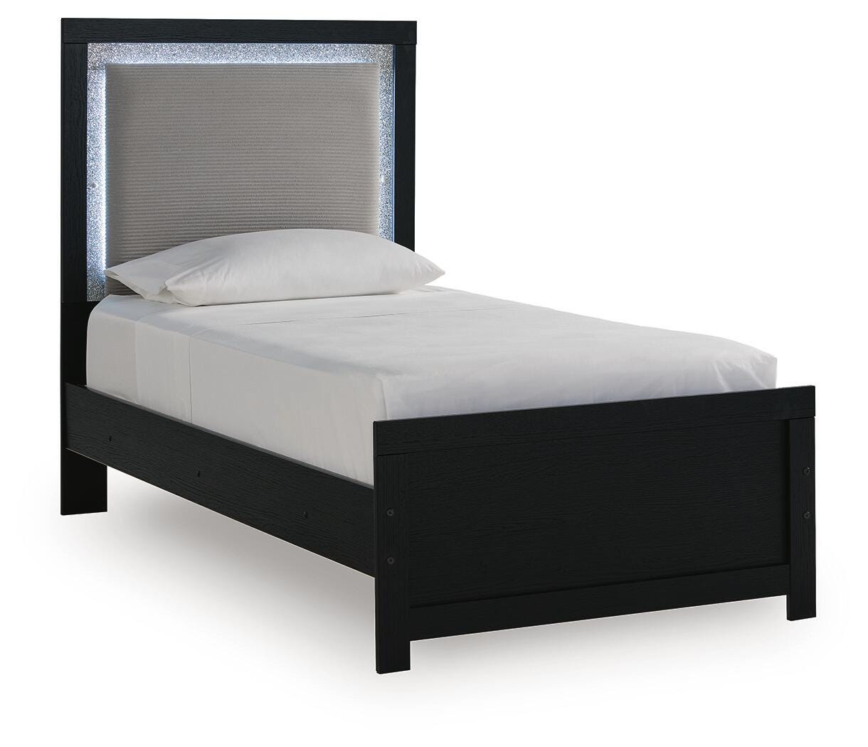Maeling Black Twin Upholstered Panel Bed, Dresser and Mirror