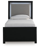 Maeling Black Twin Upholstered Panel Bed, Dresser and Mirror
