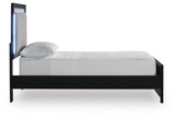 Maeling Black Twin Upholstered Panel Bed, Dresser and Mirror