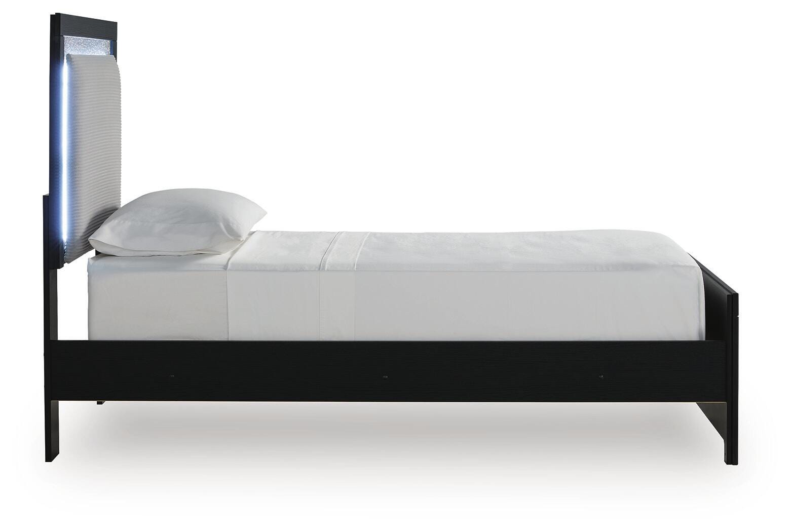 Maeling Black Twin Upholstered Panel Bed, Dresser and Mirror