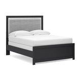 Maeling Black Full Upholstered Panel Bed, Dresser and Mirror