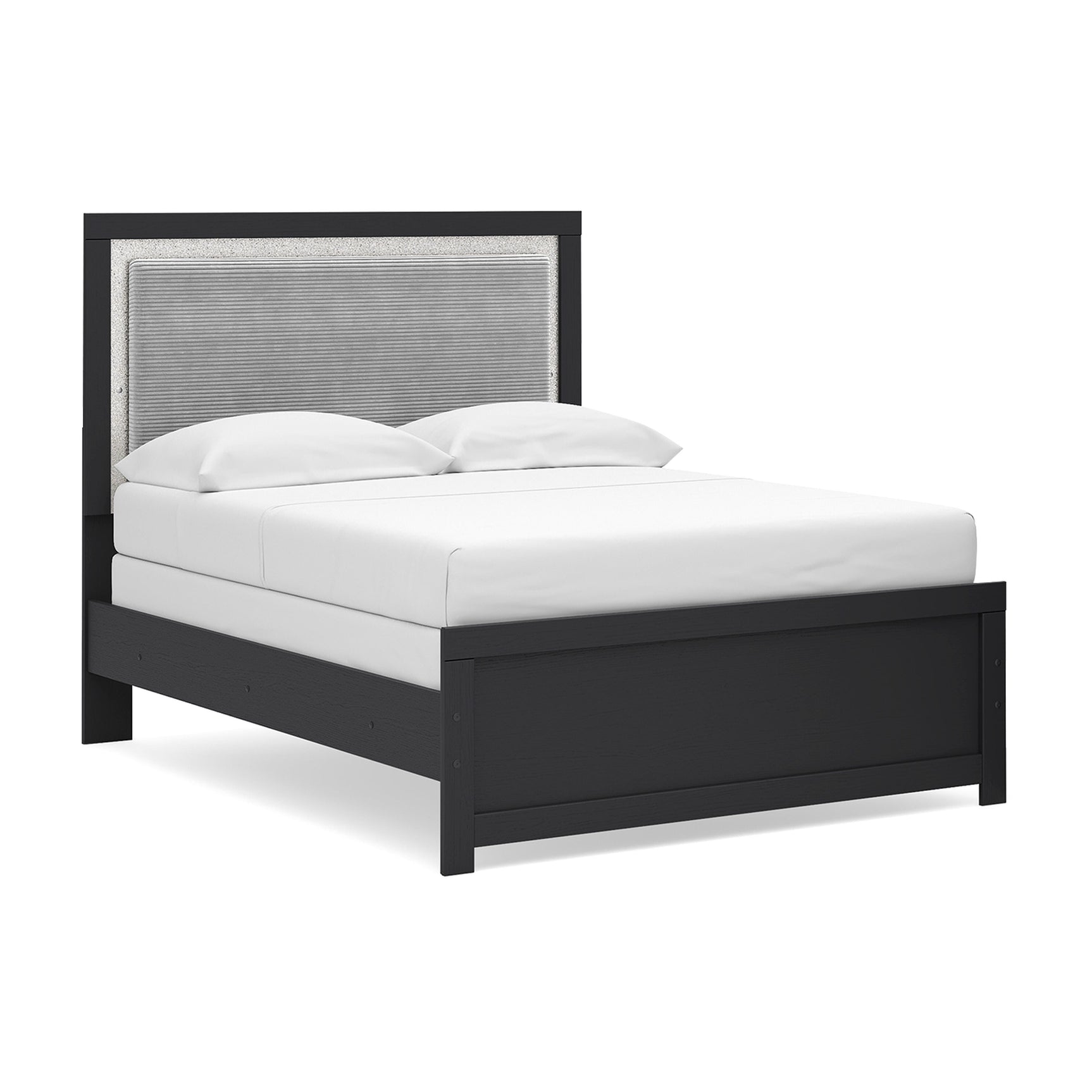 Maeling Black Full Upholstered Panel Bed, Dresser and Mirror