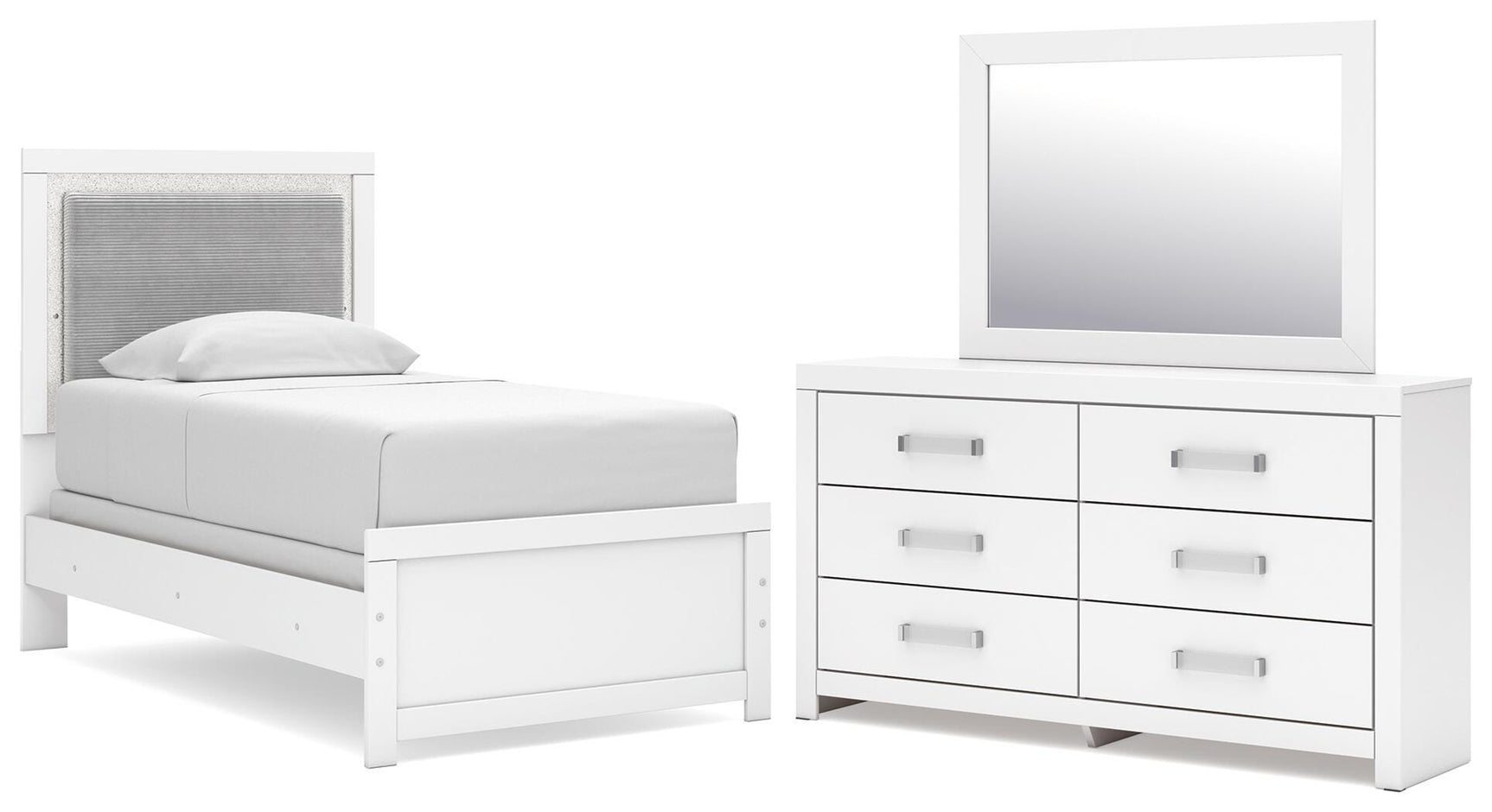 Maeling White Twin Upholstered Panel Bed, Dresser and Mirror