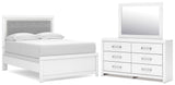 Maeling White Full Upholstered Panel Bed, Dresser and Mirror (Online Special Price)