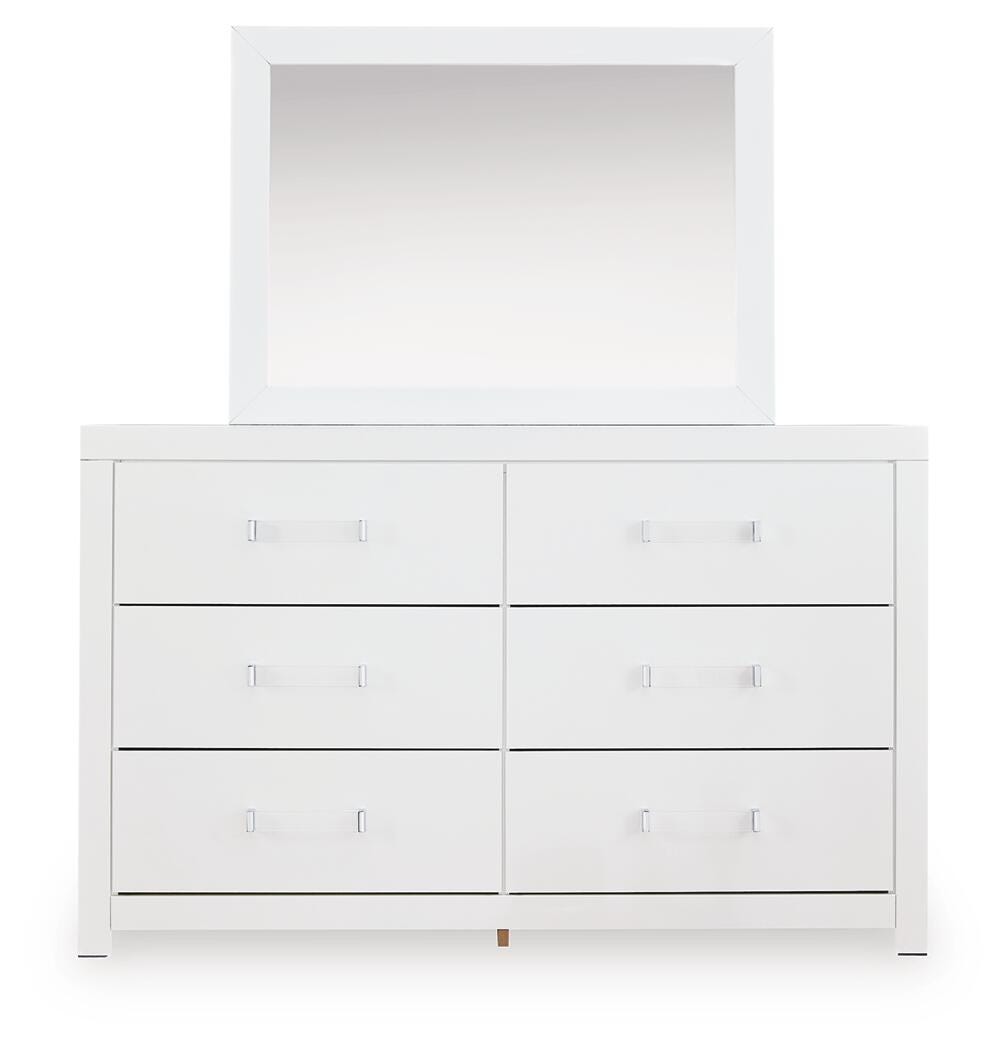 Maeling White Full Upholstered Panel Bed, Dresser and Mirror (Online Special Price)