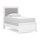 Maeling White Twin Upholstered Panel Bed, Dresser and Mirror