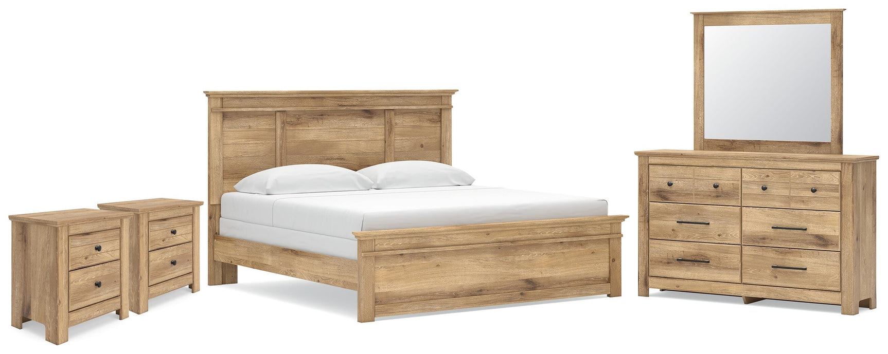 Makidern Tan King Panel Bed, Dresser, Mirror and 2 Nightstands (Online Special Price)