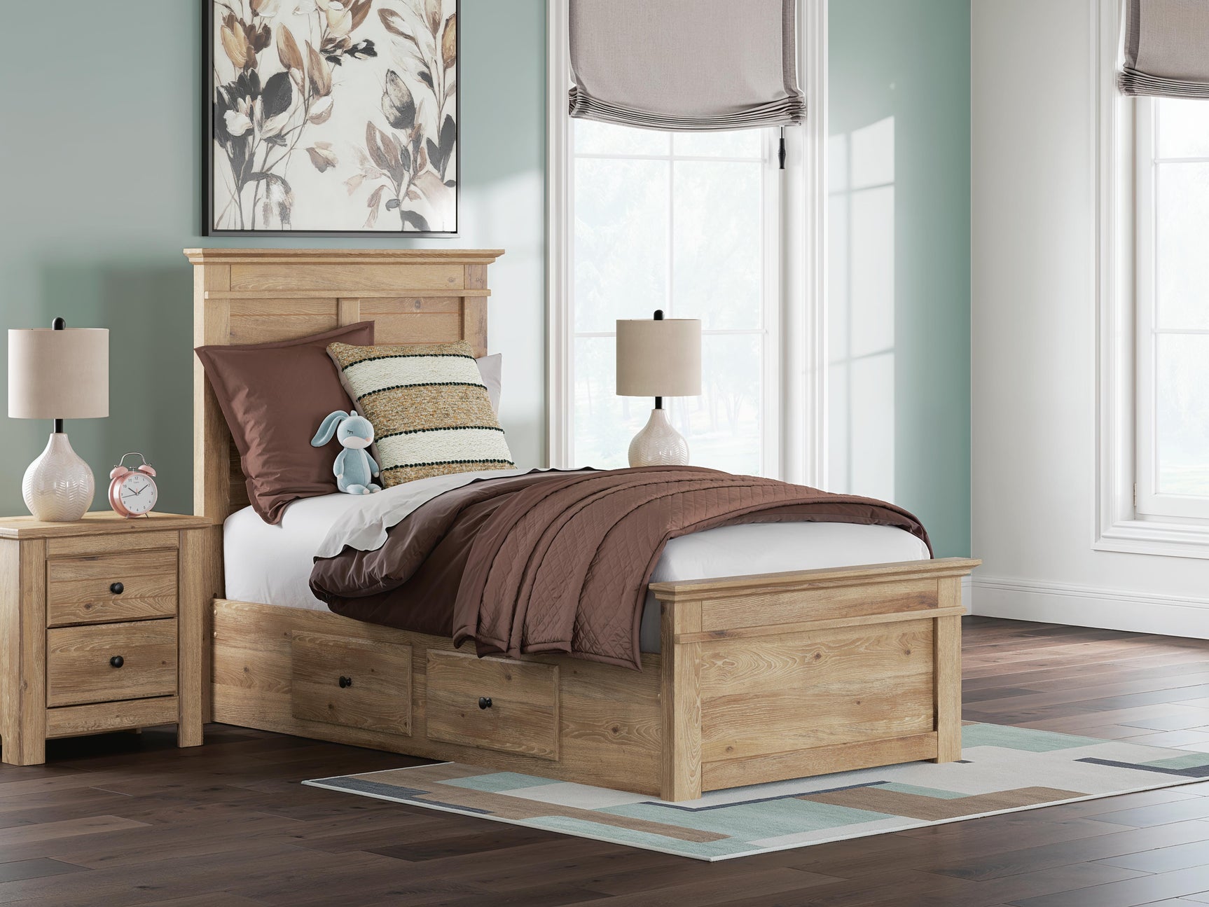 Fenderport Tan Twin Panel Storage Bed with Panel Footboard and Under Bed Storage