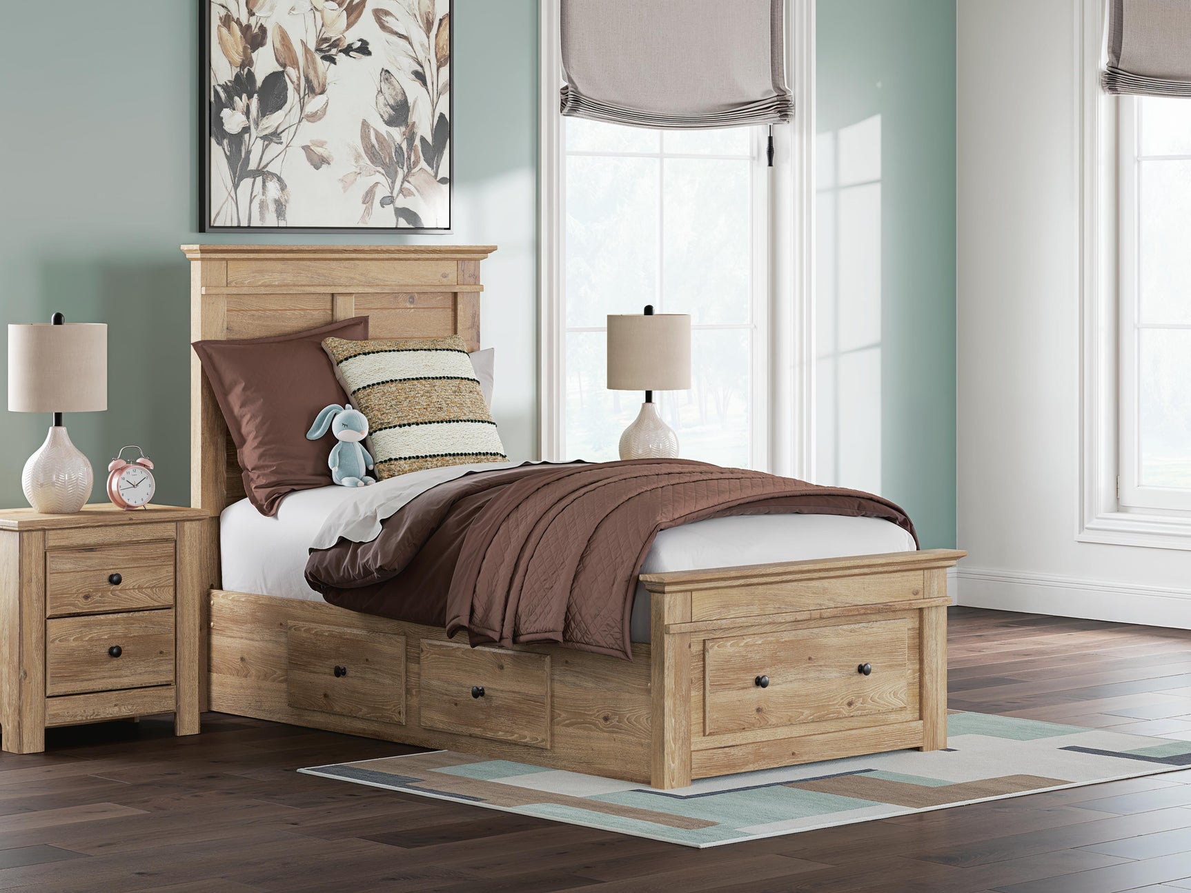 Fenderport Tan Twin Panel Storage Bed with Storage Footboard and 2 Under Bed Storage Units