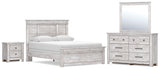 Makidern Whitewash Queen Panel Bed, Dresser, Mirror and Nightstand (Online Special Price)