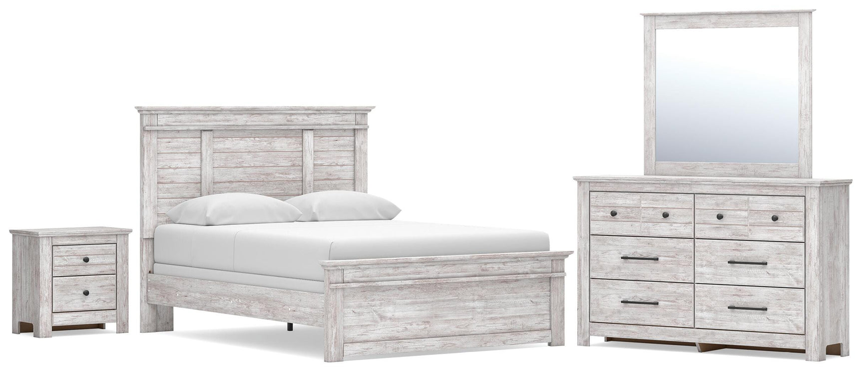 Makidern Whitewash Queen Panel Bed, Dresser, Mirror and Nightstand (Online Special Price)