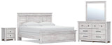 Makidern Whitewash King Panel Bed, Dresser and Nightstand