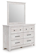 Makidern Whitewash Queen Panel Bed, Dresser, Mirror and Nightstand (Online Special Price)