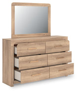 Kinlanni Tan King Upholstered Panel Bed, Dresser, Mirror and Nightstand