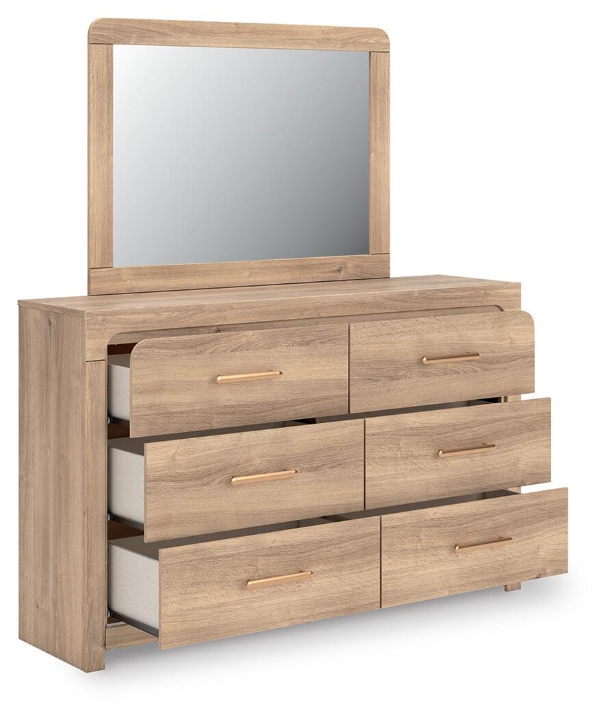 Kinlanni Tan King Upholstered Panel Bed, Dresser, Mirror and Nightstand