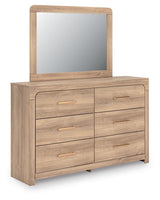 Kinlanni Tan King Upholstered Panel Bed, Dresser, Mirror and Nightstand