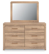 Kinlanni Tan King Upholstered Panel Bed, Dresser, Mirror and Nightstand