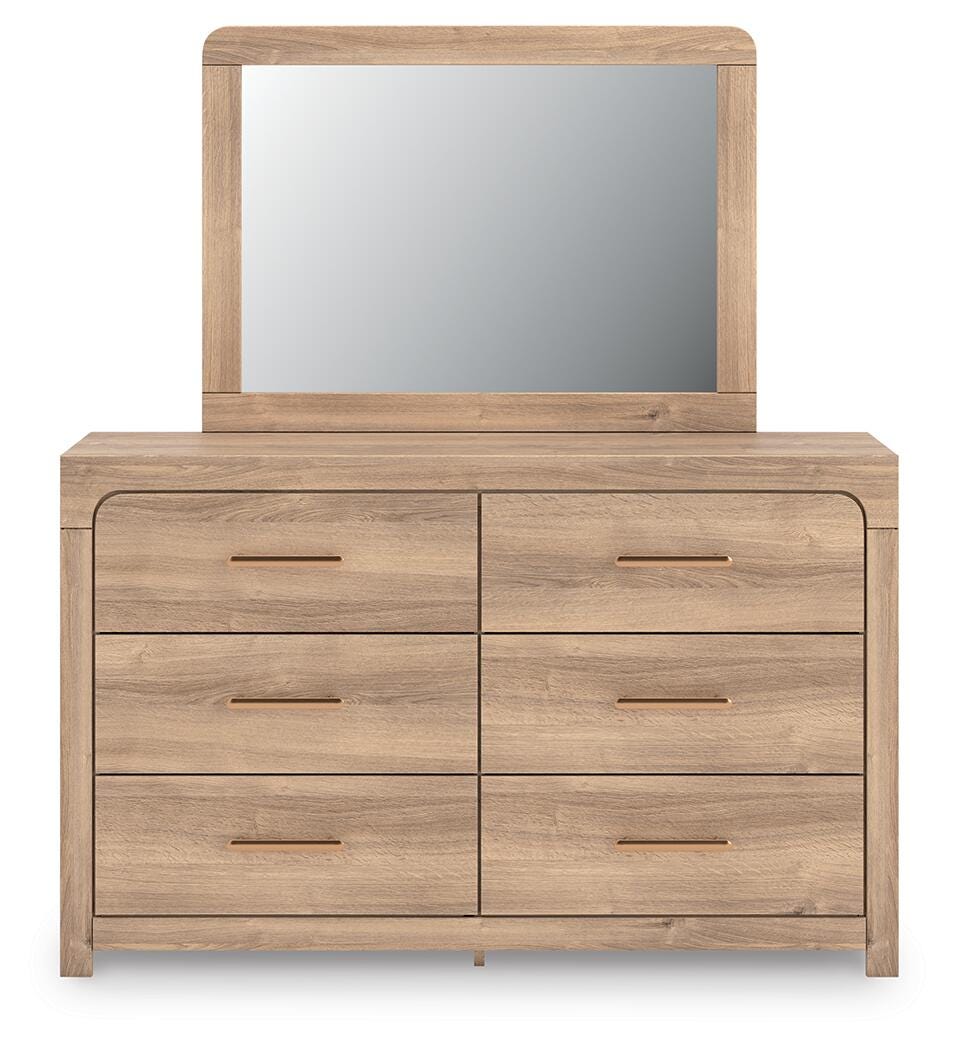 Kinlanni Tan King Upholstered Panel Bed, Dresser, Mirror and Nightstand