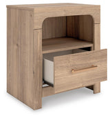 Kinlanni Tan King Upholstered Panel Bed, Dresser, Mirror and Nightstand