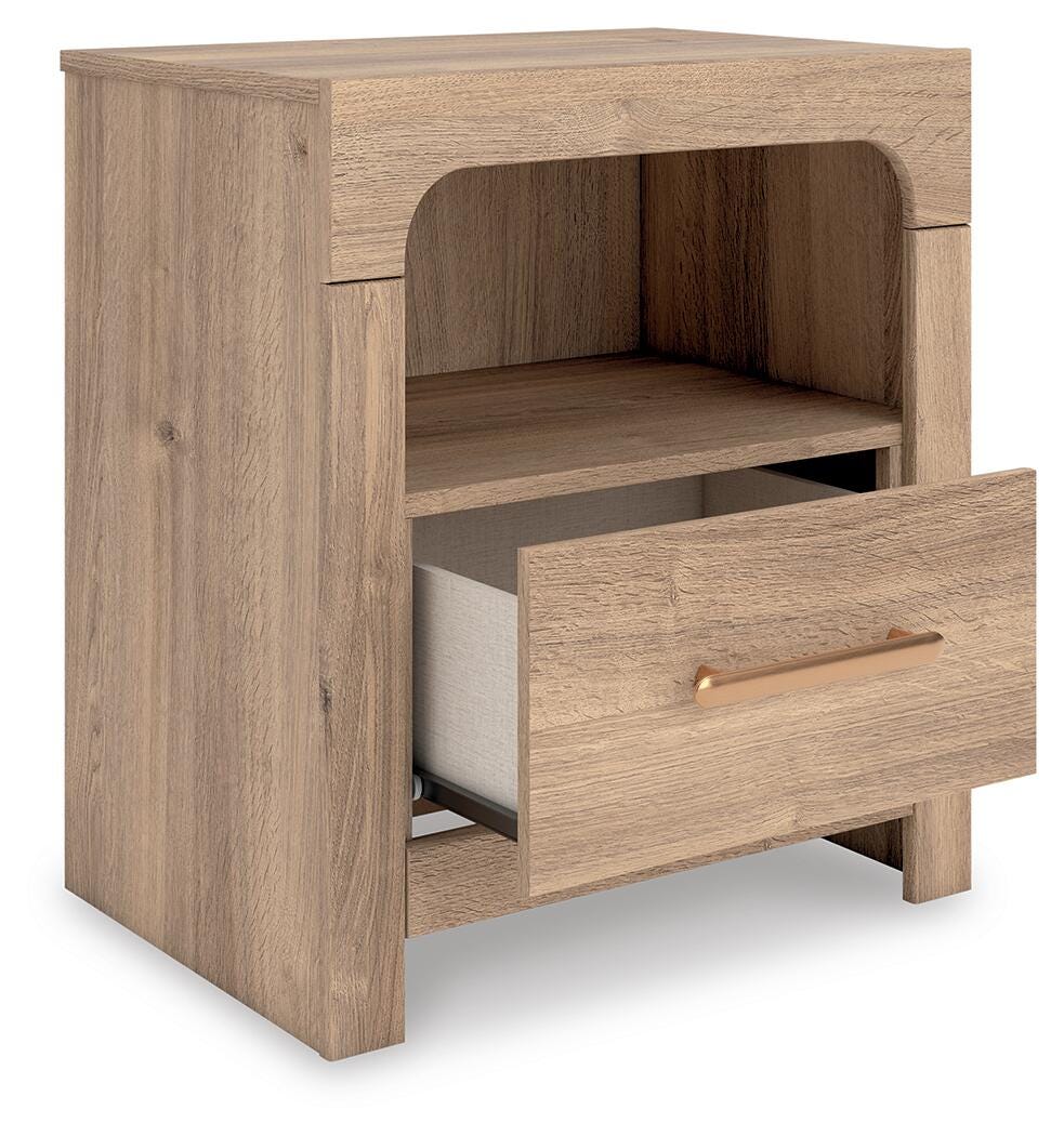 Kinlanni Tan King Upholstered Panel Bed, Dresser, Mirror and Nightstand