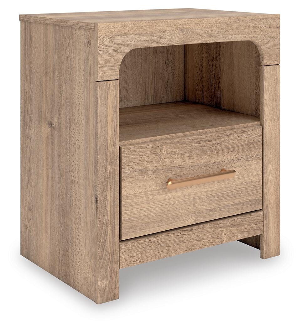Kinlanni Tan King Upholstered Panel Bed, Dresser, Mirror and Nightstand