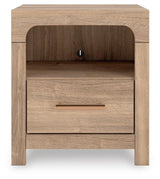 Kinlanni Tan King Upholstered Panel Bed, Dresser, Mirror and Nightstand