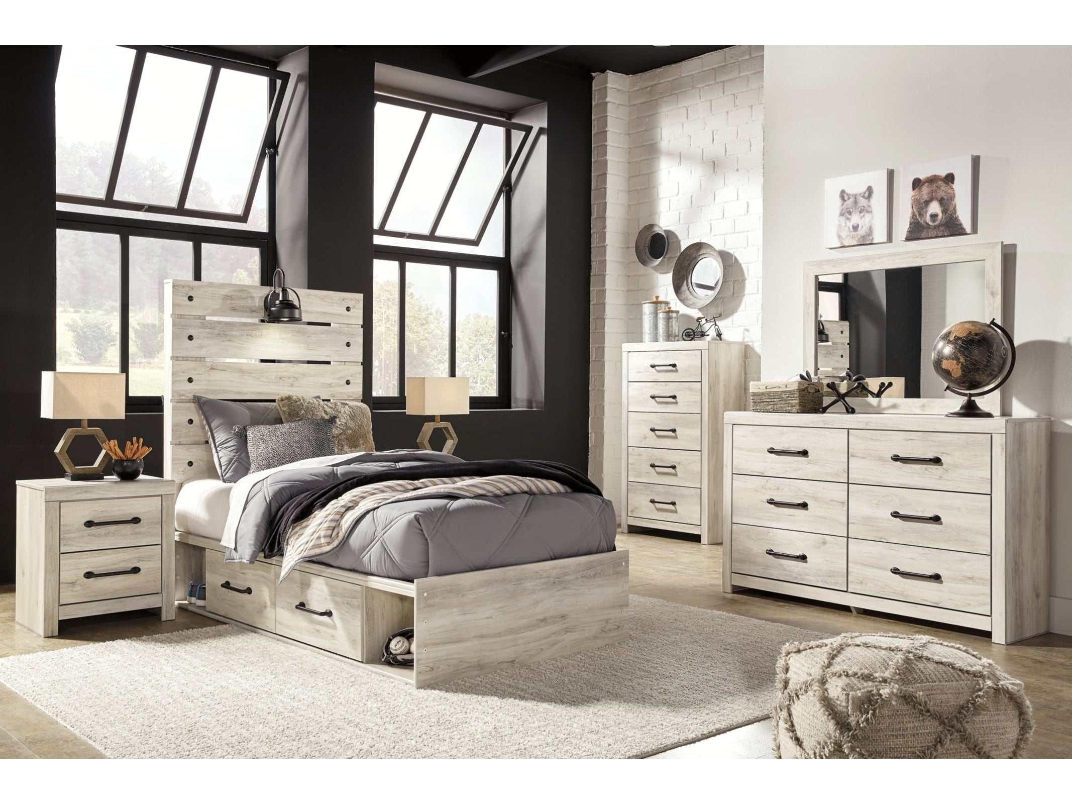 (Online Special Price) Cambeck Whitewash Twin Panel Bedroom Set w/ 4 Storage Drawers - Ornate Home