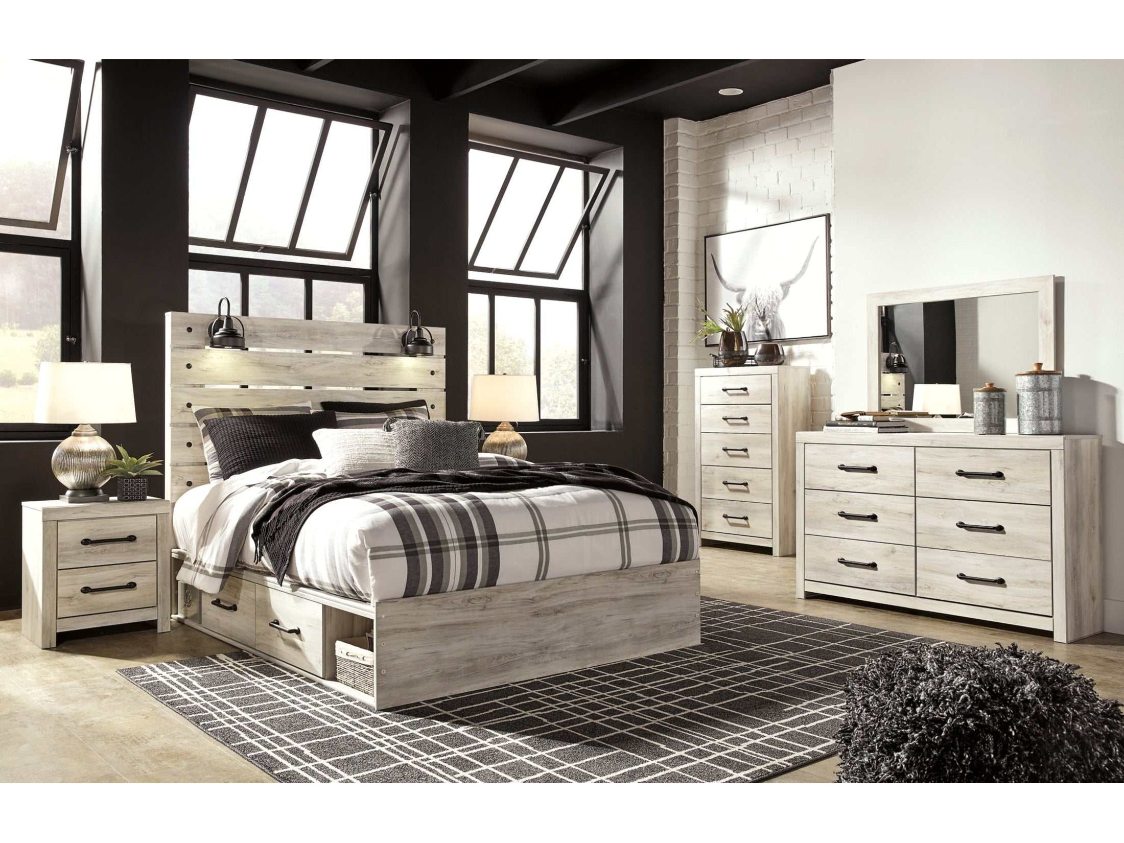 Cambeck Whitewash Queen Panel Bedroom Set w/ 2 Storage Drawers - Ornate Home