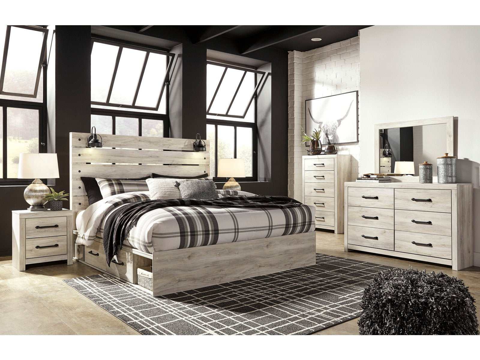 (Online Special Price) Cambeck Whitewash King Panel Bedroom Set w/ 2 Storage Drawers - Ornate Home