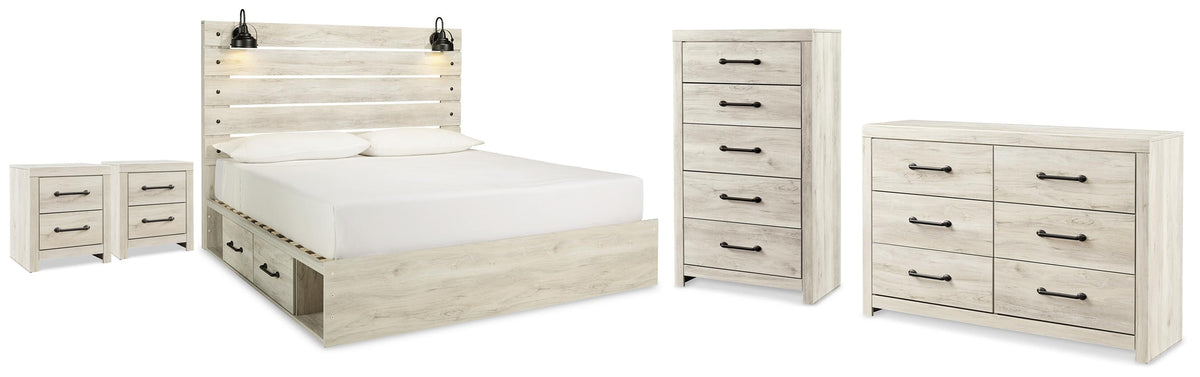 Cambeck Whitewash King Panel Bed with Storage, Dresser, Chest and 2 Nightstands