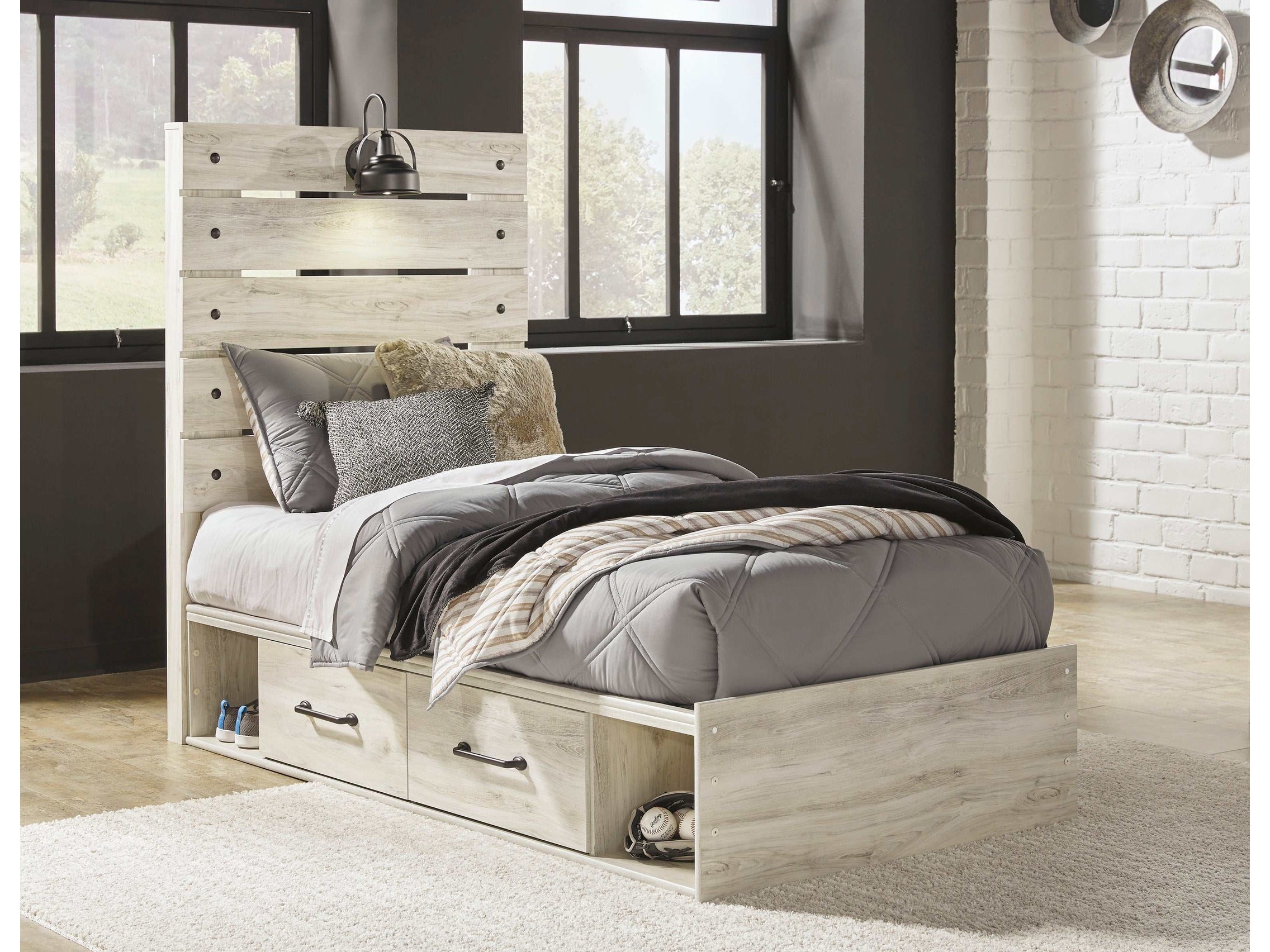 (Online Special Price) Cambeck Whitewash Twin Panel Bed w/ 2 Storage Drawers - Ornate Home