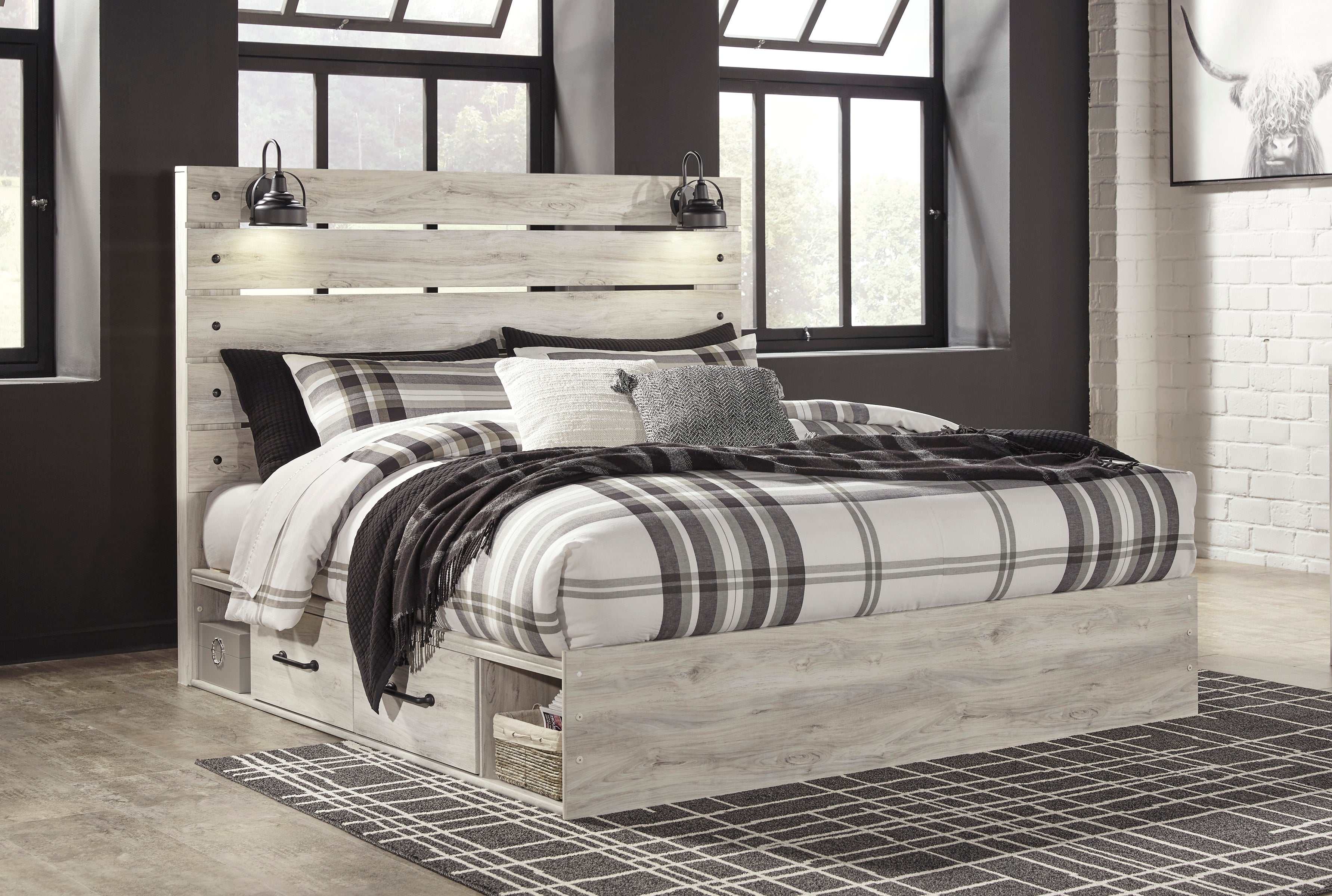 (Online Special Price) Cambeck Whitewash King Panel Bedroom Set w/ 2 Storage Drawers - Ornate Home