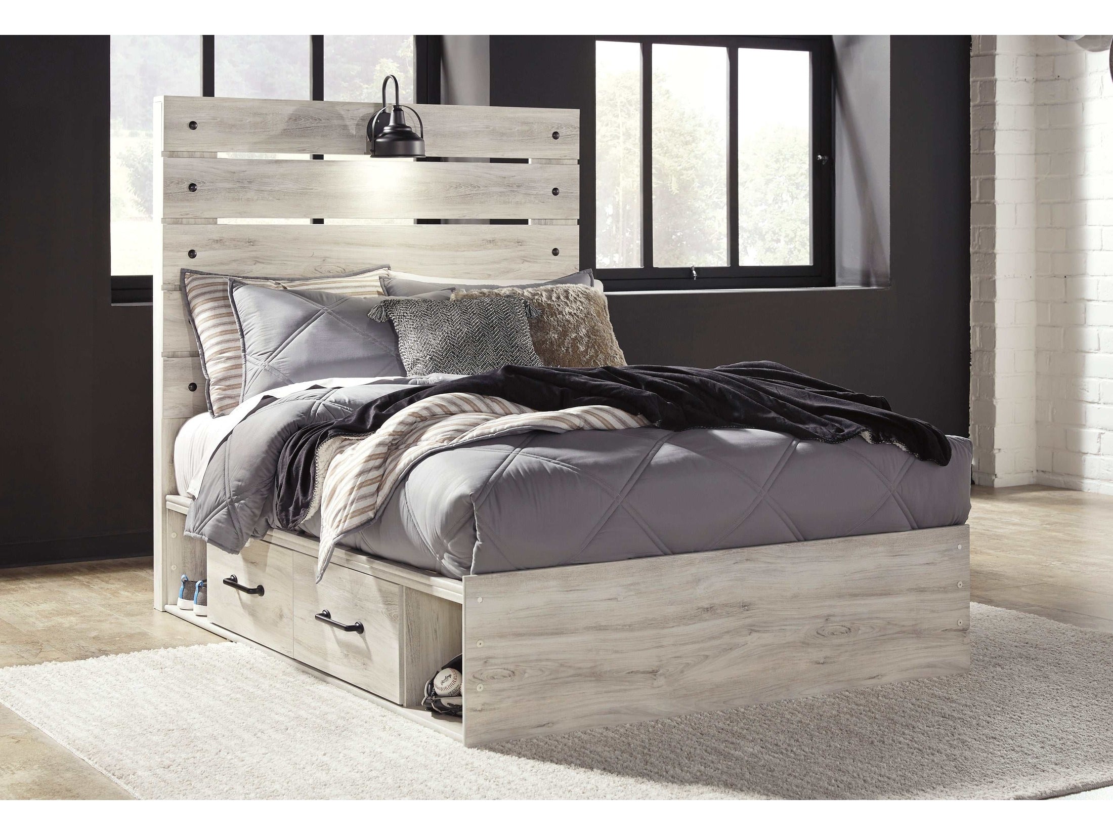 (Online Special Price) Cambeck Whitewash Full Panel Bed w/ 2 Storage Drawers - Ornate Home