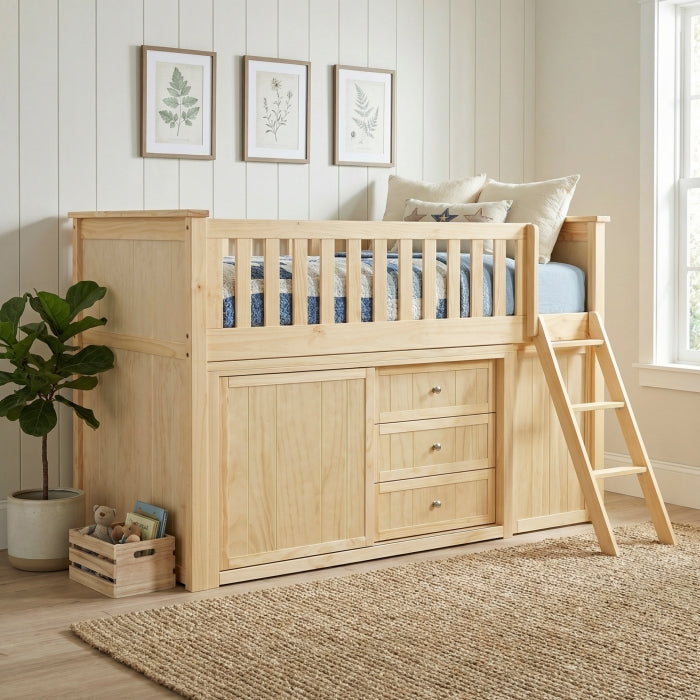 Bartly Beige Low Loft Bunk With Bookcase And 2 Dressers