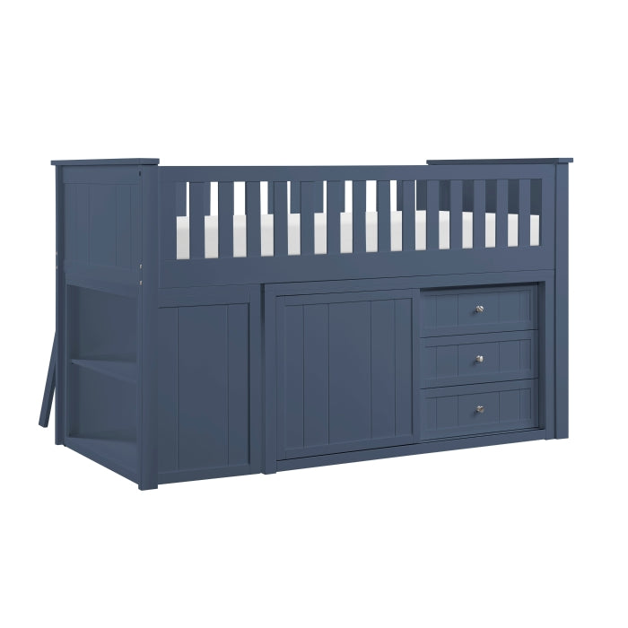Nora Blue Low Loft Bunk With Bookcase And 2 Dressers