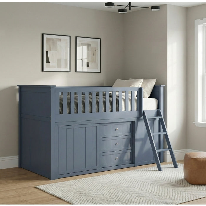 Nora Blue Low Loft Bunk With Bookcase And 2 Dressers
