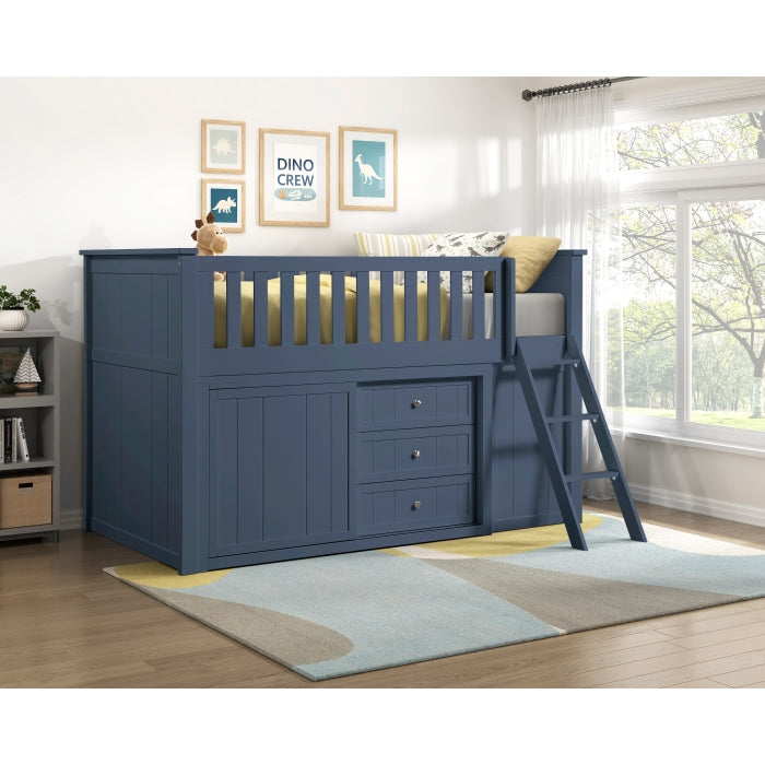 Nora Blue Low Loft Bunk With Bookcase And 2 Dressers