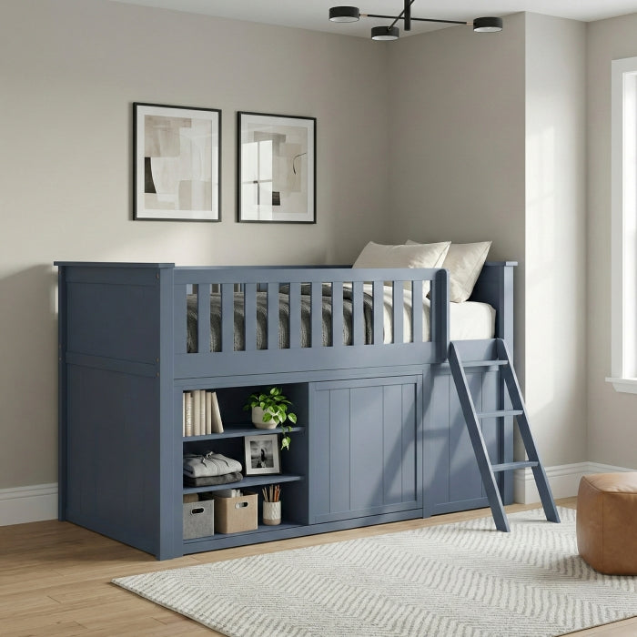 Nora Blue Low Loft Bunk With Bookcase And 2 Dressers