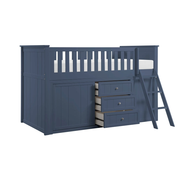 Nora Blue Low Loft Bunk With Bookcase And 2 Dressers