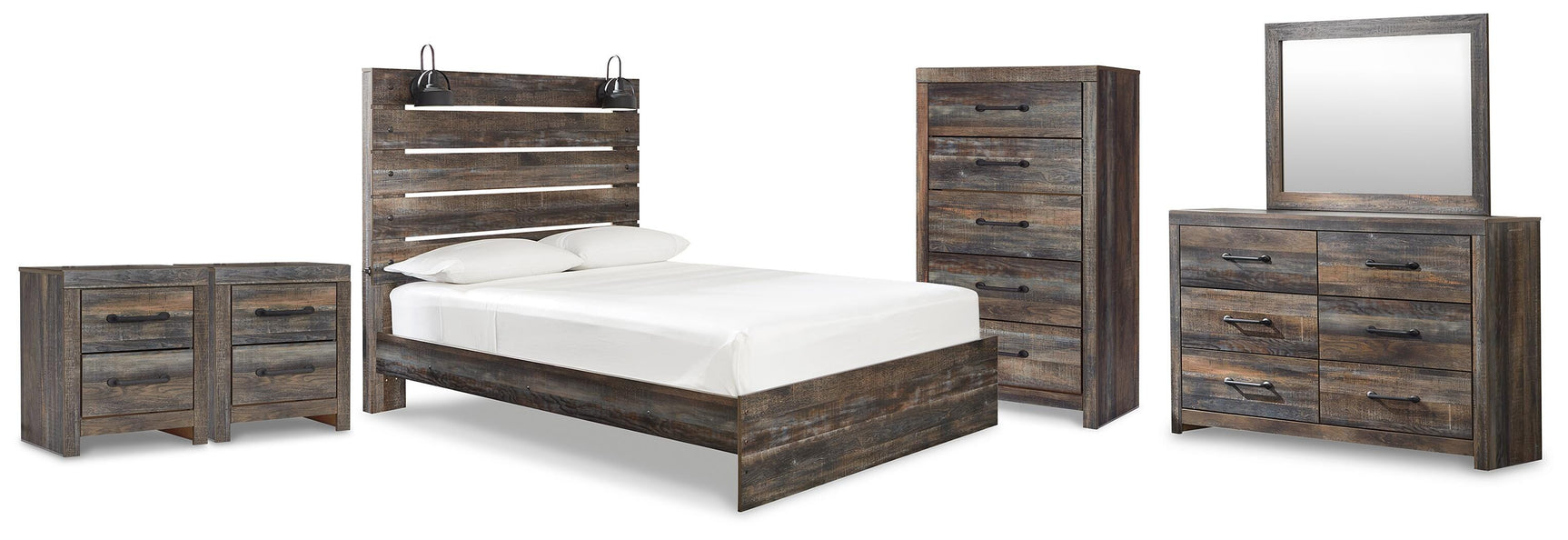 Drystan Multi Queen Panel Bed, Dresser, Mirror, Chest and 2 Nightstands