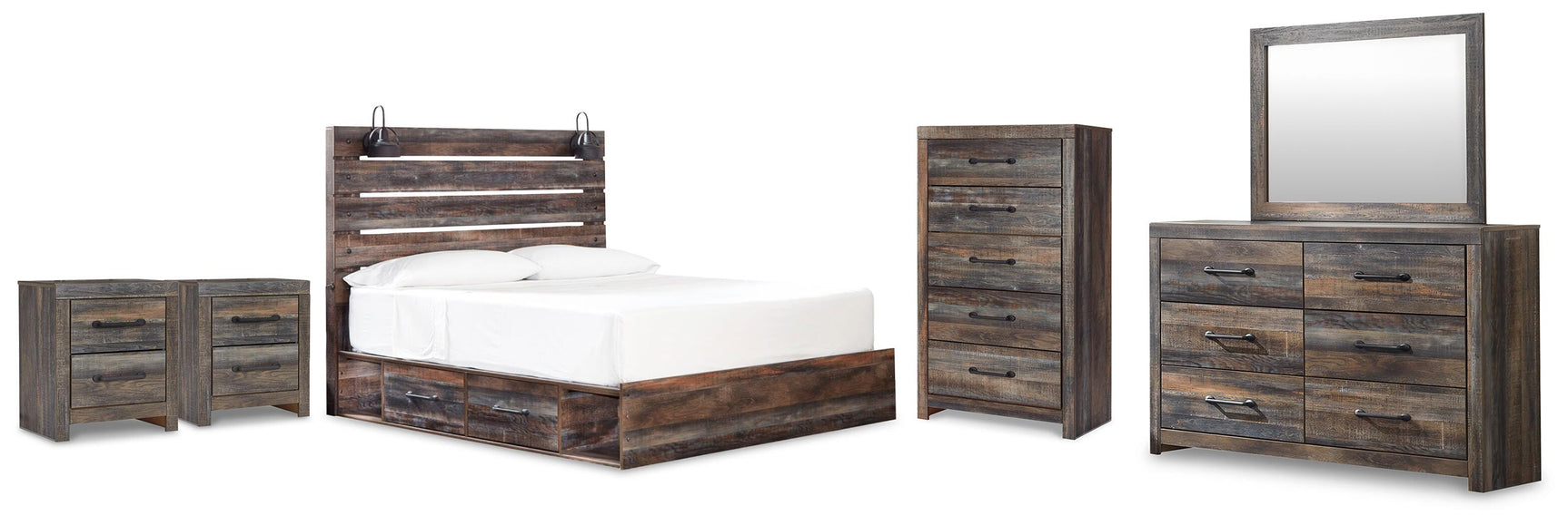 Drystan Multi King Panel Bed with Storage, Dresser, Mirror, Chest and 2 Nightstands