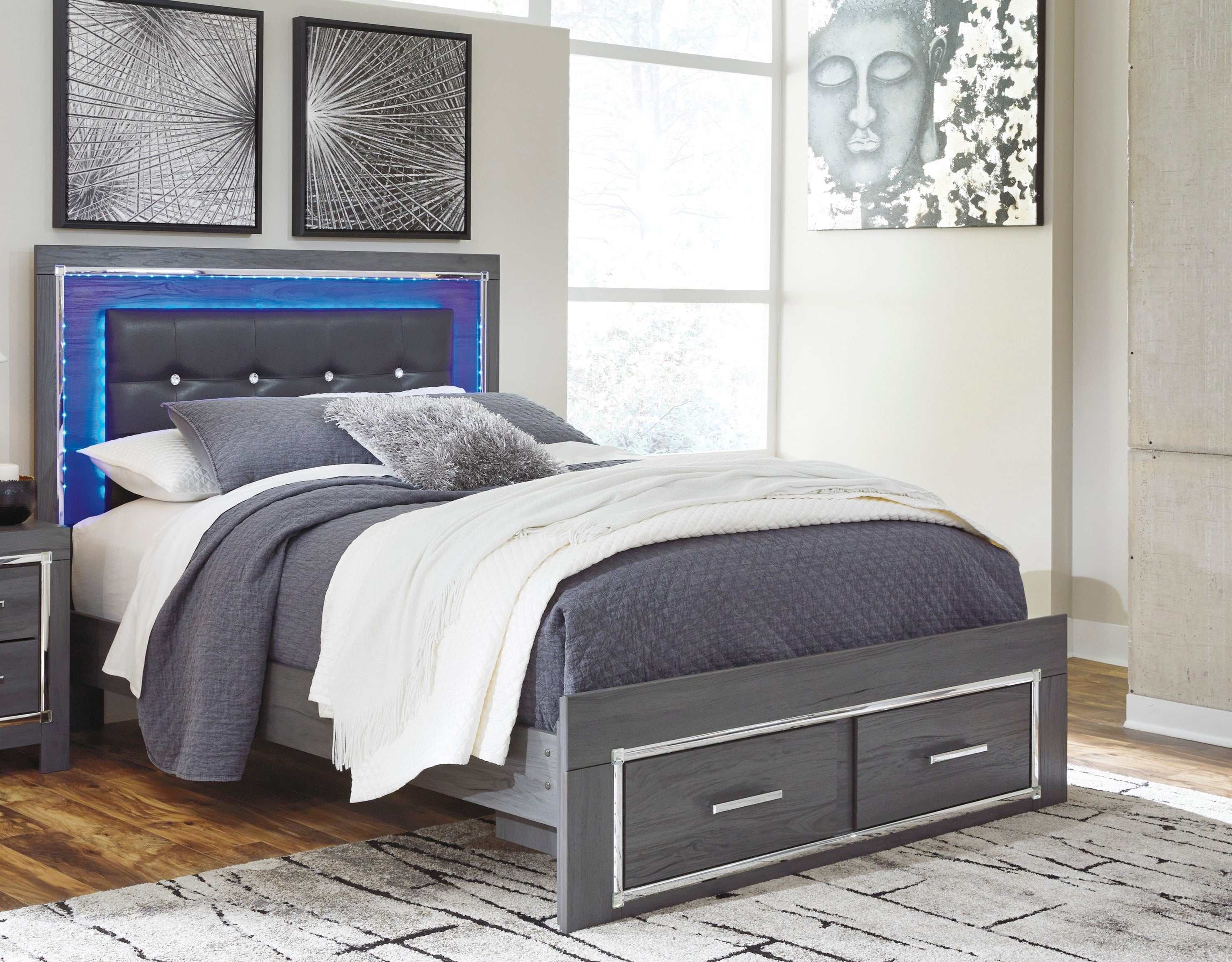 Lodanna Gray Queen Panel Bed w/ LED & 2 Storage Drawers - Ornate Home