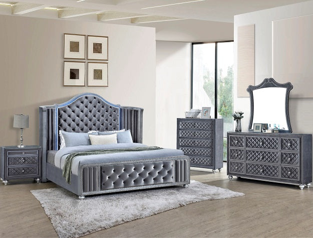 Cameo Gray Upholstered Winged Headboard w/ LED Bedroom Sets - Ornate Home